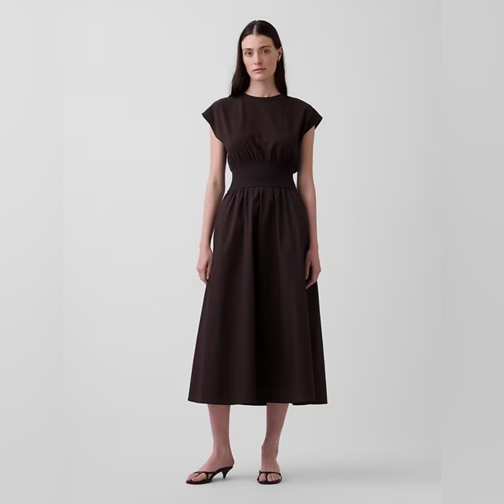 NEW! GAP Terra Brown Mixed Media Drop-Waist Midi Dress - Size Medium Petite ☎️